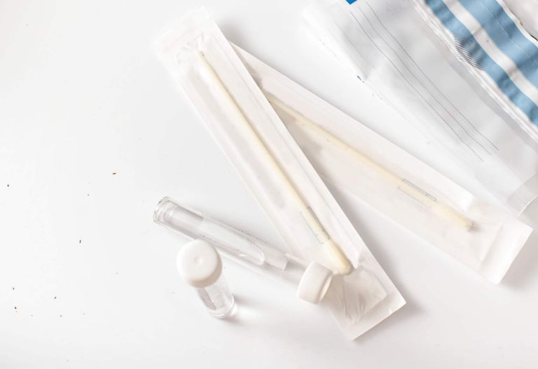 Coronavirus home testing kit on a white background.